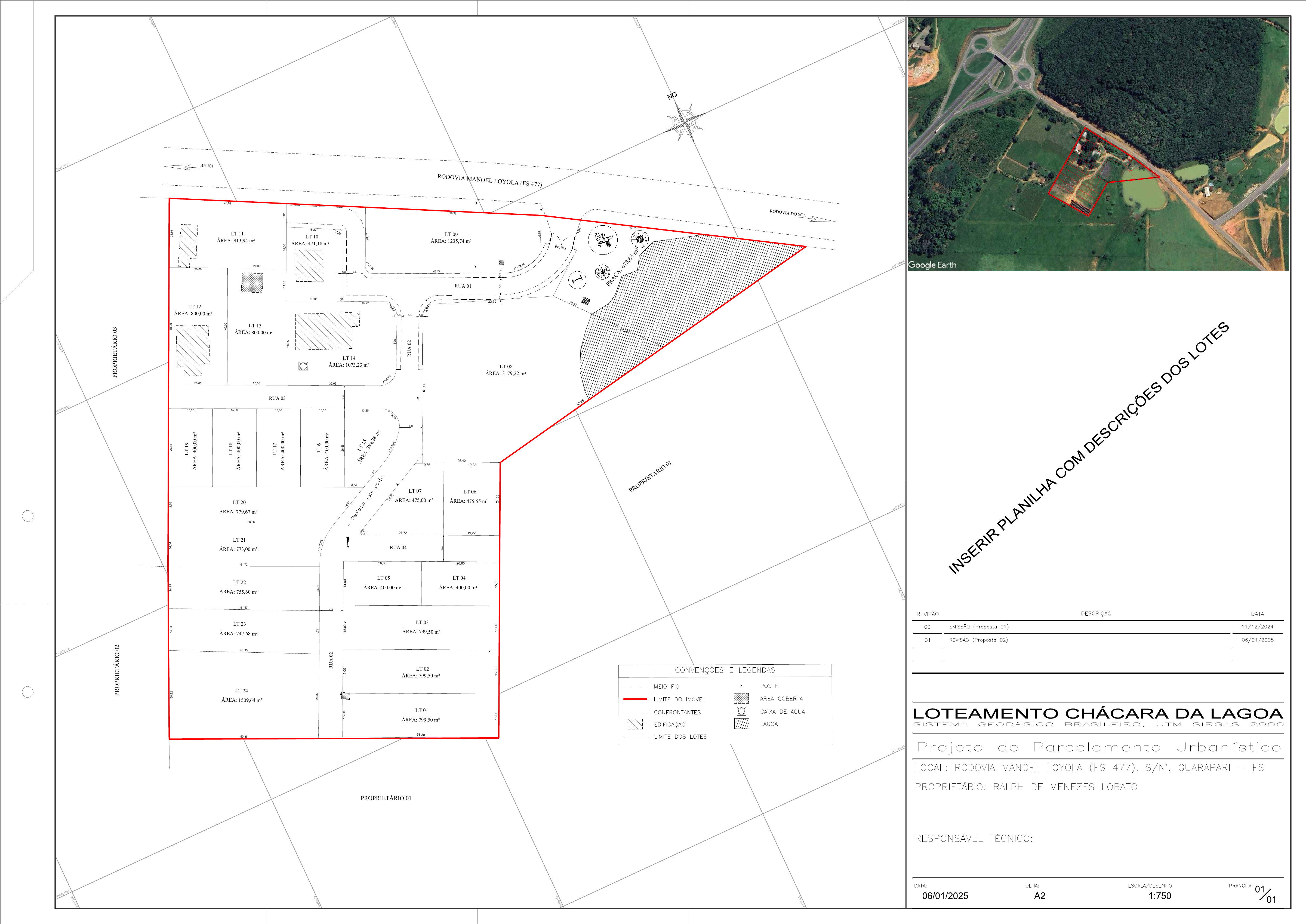 Planta recebida com a divisão dos lotes 01 a 24 e suas metragens